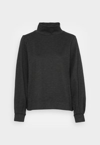 Maglione grigio scuro a collo alto realizzato in tessuto morbido, con maniche lunghe e una vestibilità rilassata, con polsini e bordo a coste.