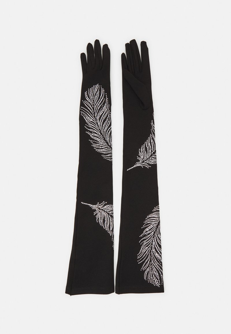 Luvas longas pretas feitas de tecido macio, com desenhos de penas em strass brancos de cada lado. Textura suave, design justo.
