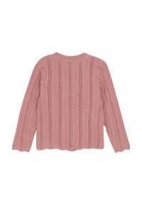 Ljusrosa stickad tröja med långa ärmar, med ett strukturerat mönster av öppna maskor och en scallop-edged fåll. Bakifrån visas vertikala ränder.