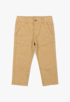 Pantalon beige pour tout-petit avec fermeture à bouton, passants pour ceinture, poches latérales et couture simple, présenté à plat sur fond blanc.
