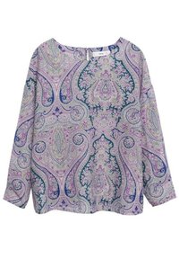 Blouse à manches longues en tissu léger avec un motif cachemire violet et vert, dotée d'un col large et d'un détail œillet dans le dos.