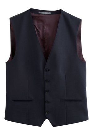 Marineblå formel herrevest med fem knapper foran, to vandrette lommer og en mørk mønstret inderfor.