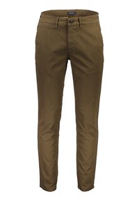 Hnědé twill kalhoty se středním střihem, s knoflíkovým zapínáním a poutky na opasek. Hladká textura s jemnými diagonálními liniemi v látce.