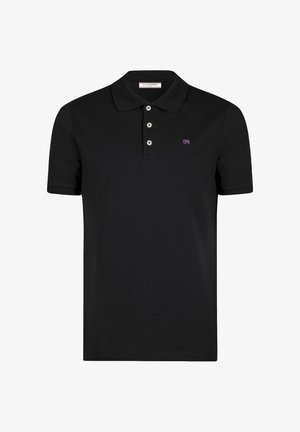 Polo nera a maniche corte con tre bottoni bianchi e piccolo logo viola sul petto sinistro.