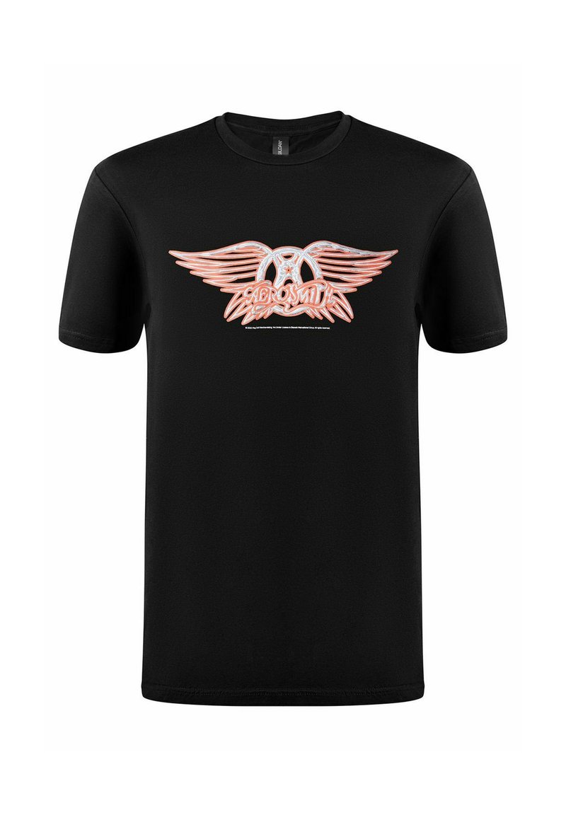 Černé bavlněné tričko s grafickým designem křídel a textem "Aerosmith" v oranžové a bílé barvě. Krátké rukávy, kulatý výstřih.