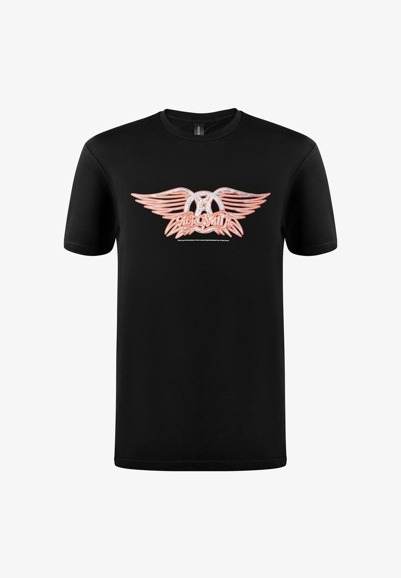 Černé bavlněné tričko s grafickým designem křídel a textem "Aerosmith" v oranžové a bílé barvě. Krátké rukávy, kulatý výstřih.