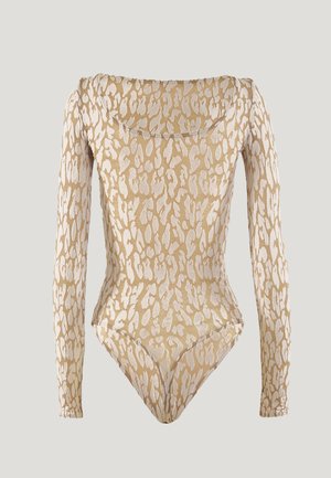 Langarm bodysuit in een gouden en crèmekleurig luipaardpatroon, met een wijde halslijn en een aansluitende silhouette. Textiel met een lichte glans.