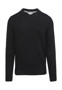Schwarzer Strickpullover mit V-Ausschnitt, langen Ärmeln und strukturierten Oberflächen. Verfügt über gerippte Bündchen und Saum. Schlichtes, klassisches Design.