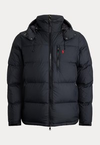 Black padded jacket with a high collar, detachable hood, front zipper, chest pocket, and small red embroidered logo on the left chest.