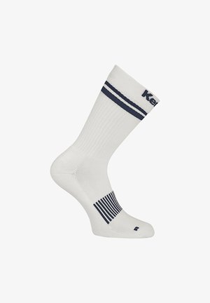 Weiße Sportsocken mit navyblauen Streifenakzenten am oberen Rand und horizontalen Linien an der Seite. Hergestellt aus strukturiertem, atmungsaktivem Material.