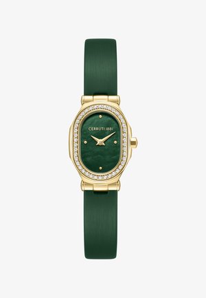 Goudkleurig ovaal horloge met groen wijzerplaat en band, kristallen lunette, gouden wijzers en de tekst "CERRUTI 1881" op de wijzerplaat.