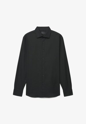 Schwarzes Langarm-Hemd mit Knopfleiste, Kragen, einfachen Manschetten und normaler Passform.