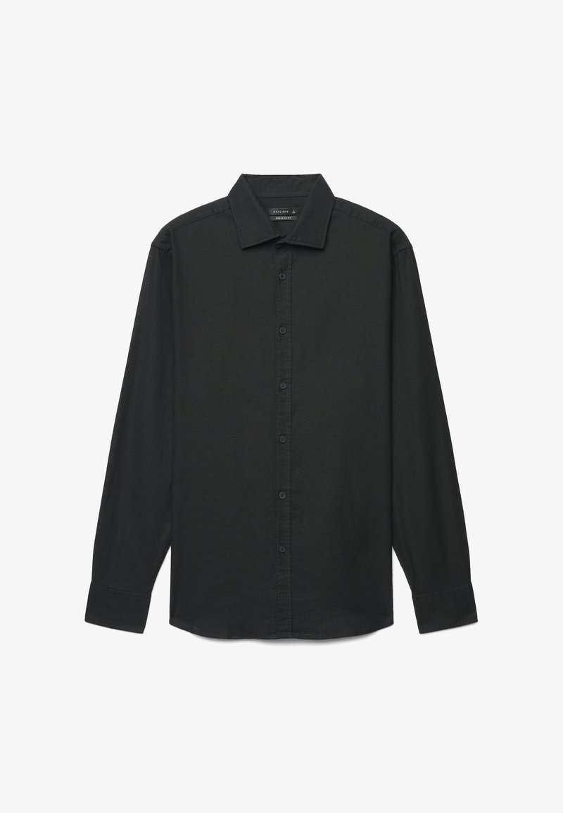 Schwarzes Langarm-Hemd mit Knopfleiste, Kragen, einfachen Manschetten und normaler Passform.