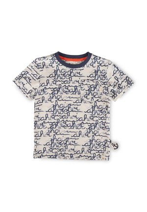 Beige short-sleeve toddler shirt with navy blue scribble script pattern, navy ribbed collar, and small front pocket.