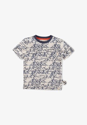 Camicia beige a maniche corte per bambino con motivo a scrittura scarabocchi blu navy, colletto a coste blu navy e taschino frontale piccolo.
