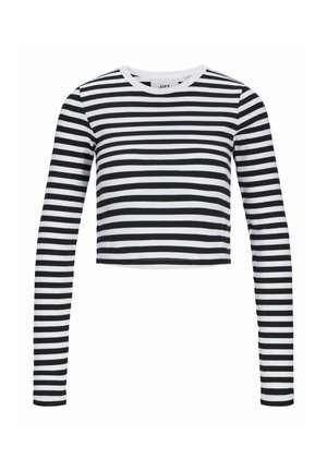 Svart och vit randig långärmad croptop med ribbad textur och rundad halsringning. Har jämnt fördelade horisontella ränder.