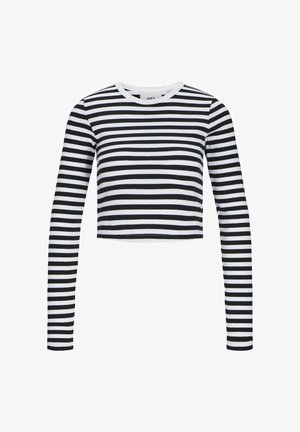 Čierno-biely prúžkovaný dlhý rukáv crop top s rebrovanou textúrou a okrúhlym výstrihom. Obsahuje rovnomerne rozmiestnené horizontálne pruhy.