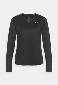 Schwarzes, langärmeliges Sportshirt aus leichtem Stoff. Verfügt über einen Rundhalsausschnitt und ein weißes Puma-Logo auf der linken Brustseite.