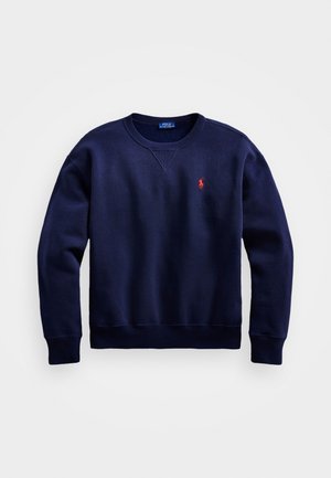 Marineblaue Rundhalsausschnitt Sweatshirt aus Baumwolle mit gerippten Bündchen und Saum. Verfügt über ein kleines rotes gesticktes Logo auf der Brust.