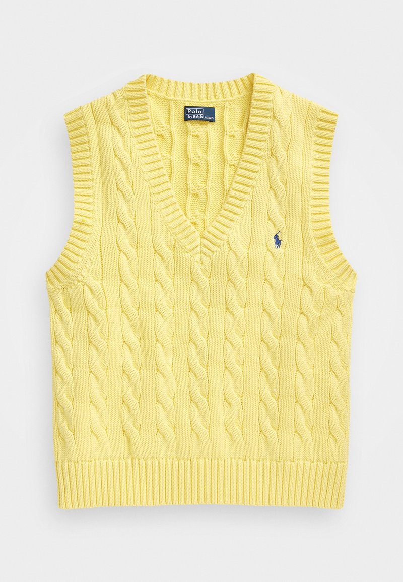 Gilet en maille jaune sans manches avec motif torsadé, col en V, bords côtelés et petit logo bleu brodé sur la poitrine.