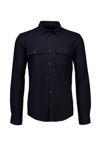 Marineblaue Hemdjacke aus strukturiertem Stoff, mit Kragen, zwei Brusttaschen und langen Ärmeln mit Knopfmanschetten.