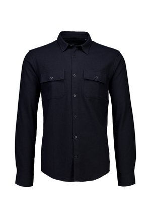 Marinblå skjorta med knappar fram, tillverkad av ett strukturerat tyg, med krage, två bröstfickor och långa ärmar med knäppta manschetter.
