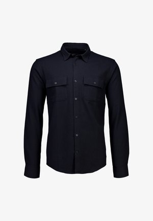 Marineblauw overhemd met knopen, gemaakt van een gestructureerde stof, voorzien van een kraag, twee borstzakken en lange mouwen met knoopmanchetten.