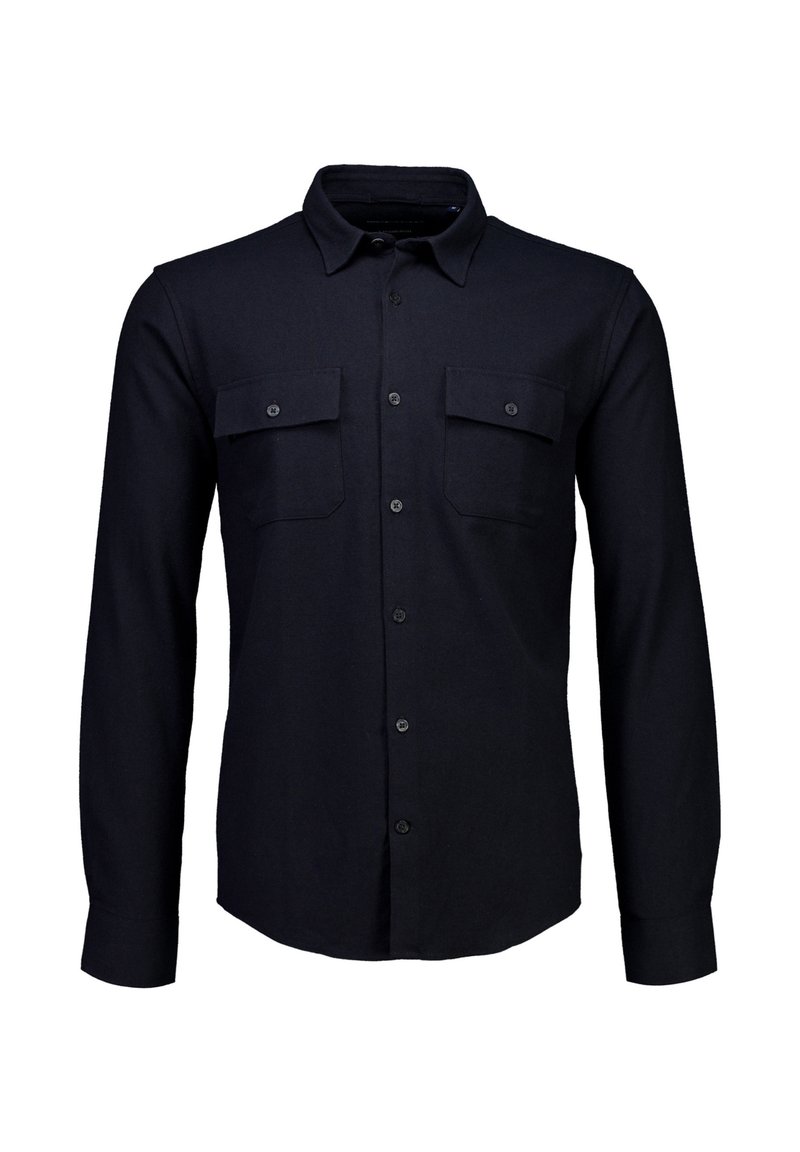 Marineblaue Hemdjacke aus strukturiertem Stoff, mit Kragen, zwei Brusttaschen und langen Ärmeln mit Knopfmanschetten.