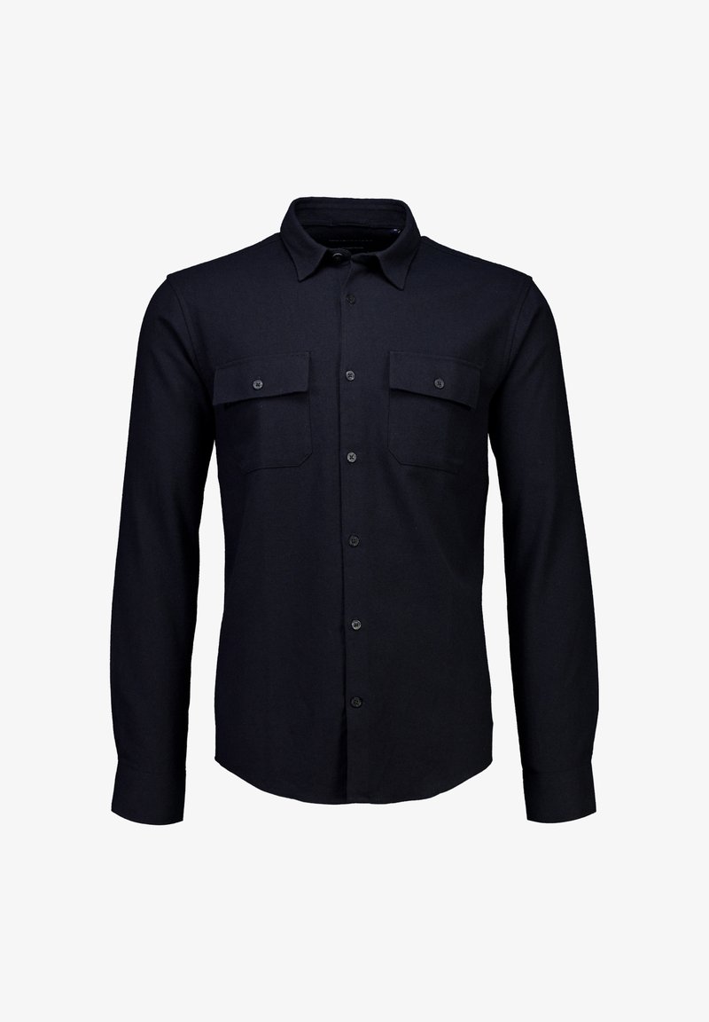 Marineblaue Hemdjacke aus strukturiertem Stoff, mit Kragen, zwei Brusttaschen und langen Ärmeln mit Knopfmanschetten.