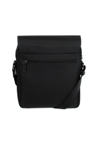 Borsa a tracolla nera realizzata in tessuto testurizzato, con una tasca frontale con zip, tracolla regolabile e forma rettangolare. Design semplice e funzionale.
