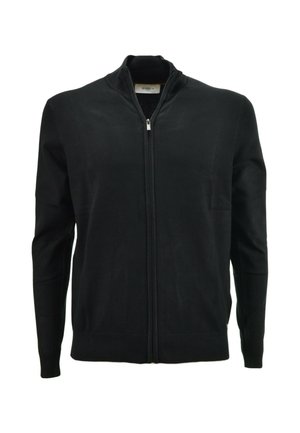 Maglione nero a maniche lunghe con zip integrale, collo alto e polsini e orlo a costine, mostrato su sfondo bianco.
