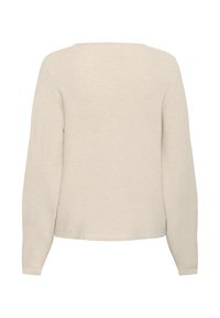 Beige gestrickter Pullover mit langen Ärmeln, einem runden Ausschnitt und einem geraden Saum. Hat eine weiche Textur und ein minimalistisches Design.