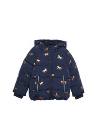 Veste rembourrée bleu marine avec capuche, ornée d'un motif de chevaux dorés répété, fermeture zippée et deux poches avant avec des bordures blanches.