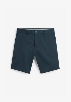 Granatowe szorty wykonane z tkaniny plecionej, z zapięciem na guziki, usztywnionym paskiem w talii i kieszeniami bocznymi, o gładkiej fakturze.