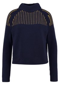Maglione lavorato a maglia blu navy con colletto alto, caratterizzato da dettagli decorativi gialli sulle spalle e modelli di punto testurizzati.
