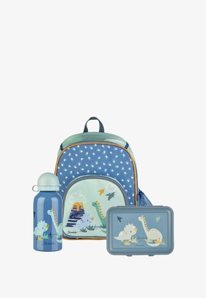 Blue and green kids' backpack, water bottle, and lunchbox with dinosaur and volcano illustrations on white background.