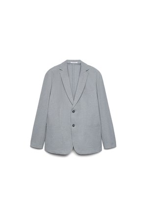 Blazer homme gris clair avec deux boutons noirs, revers crantés et poches plaquées devant sur fond blanc.