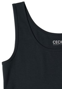 Débardeur noir sans manches avec larges bretelles et l'inscription "CECIL ESSENTIALS" imprimée à l'intérieur de l'encolure.