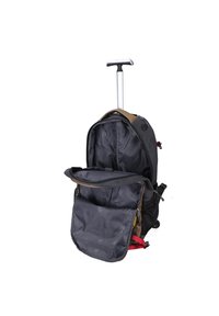 Zaino da viaggio rotolante in tessuto nero e marrone, dotato di manico retrattile, ampio scomparto principale, tasca frontale con zip e spallacci imbottiti.