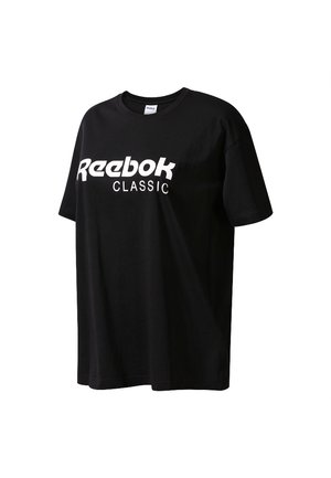 Czarny bawełniany t-shirt z krótkimi rękawami, z białym logo "Reebok CLASSIC" na przodzie. Okrągły dekolt i luźny krój.