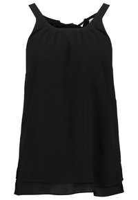 Czarny bezrękawnik z lekkiego materiału, z okrągłym dekoltem, marszczonym detalem i luźnym krojem z bocznymi rozcięciami.