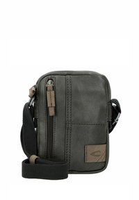 Graue Leder-Umhängetasche mit Reißverschluss, Vordertasche, verstellbarem Tragegurt und glatter Textur. Mit braunen Akzenten versehen.