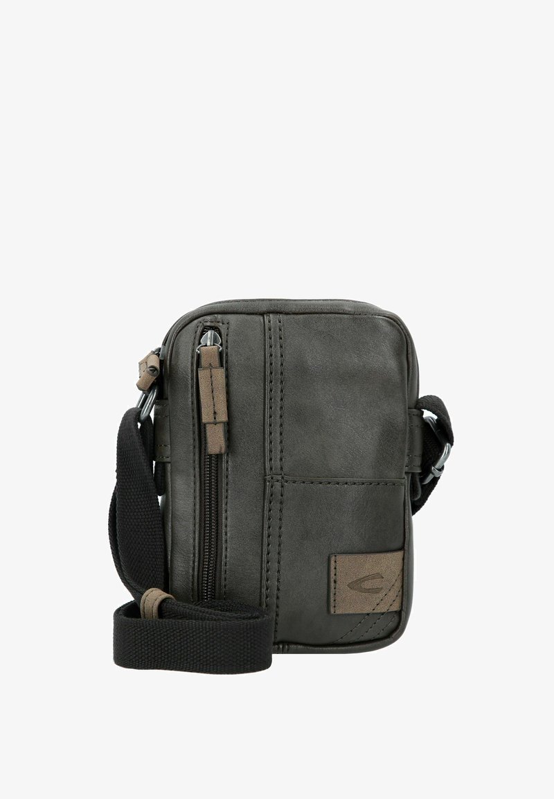 Graue Leder-Umhängetasche mit Reißverschluss, Vordertasche, verstellbarem Tragegurt und glatter Textur. Mit braunen Akzenten versehen.