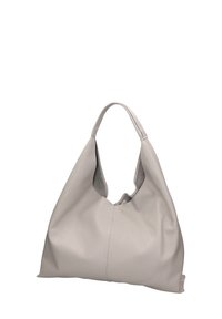 Borsa hobo in pelle grigia con una texture morbida, dotata di un'ampia apertura e di un manico unico, progettata per un facile accesso e trasporto.