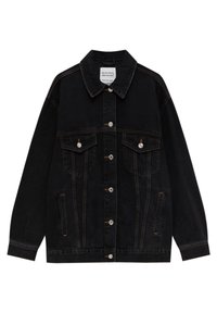 Giacca di jeans nera con colletto classico, bottoni a pressione argento, due tasche sul petto, cuciture arancioni e un design dalla vestibilità ampia.