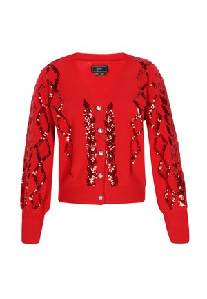 Czerwony kardigan z dekoltem w serek, zdobiony diamencikami z cekinów na rękawach, pięć błyszczących guzików z przodu i prążkowane mankiety.