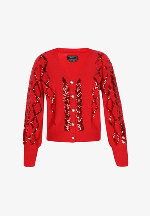 Červený kardigan s V-výstřihem, zdobený flitrovými diamantovými vzory na rukávech, pěti lesklými knoflíky vpředu a žebrovanými manžetami.