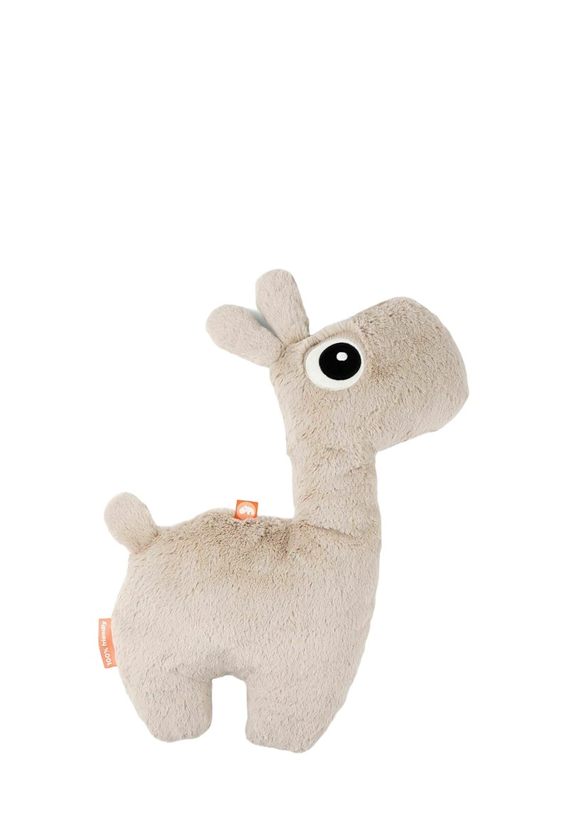 Pluche giraf legetøj i blødt beige stof, med et rundet hoved, store sorte øjne, korte ben og små ører, samt et orange mærke.