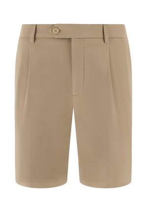 Beige op maat gemaakte knielange korte broek met riemlussen, knoopsluiting aan de voorkant, en zijzakken.