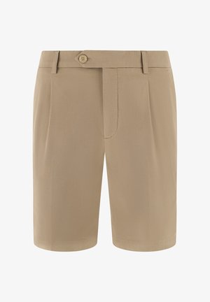 Beige op maat gemaakte knielange korte broek met riemlussen, knoopsluiting aan de voorkant, en zijzakken.
